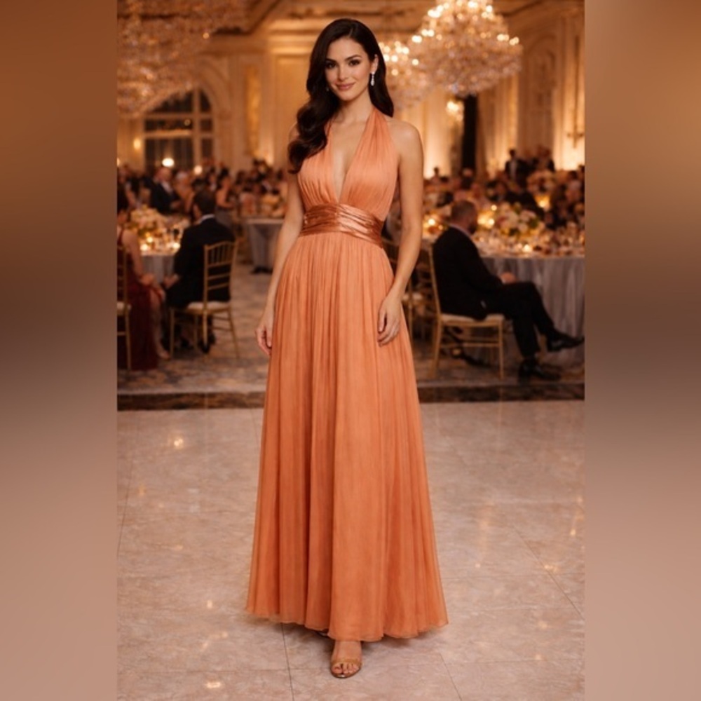 NWT Maggie London Women’s Size 16 100% Silk Clay Halter Maxi Dress Prom Ball